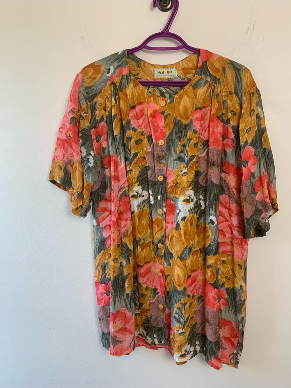 Vintage Rare Mango Bright Floral Top or Dress in Mustard w Coral & Green - Picture 5 of 17
